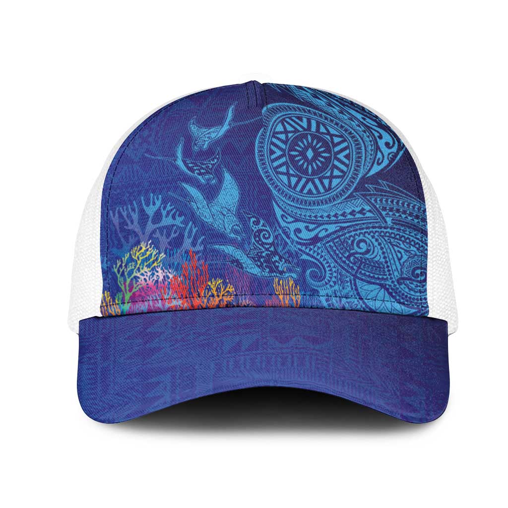 Fijian Tribal Manta Ray Mesh Trucker Cap Masi Motif with Coral Reef Ocean Vibe LT03 One Size White Blue - Polynesian Pride