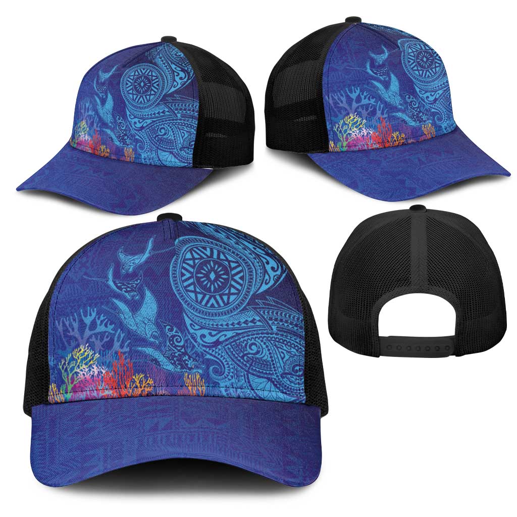 Fijian Tribal Manta Ray Mesh Trucker Cap Masi Motif with Coral Reef Ocean Vibe LT03 - Polynesian Pride