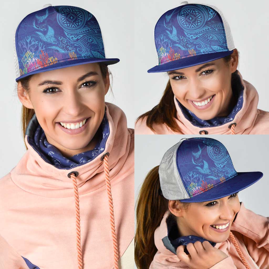 Fijian Tribal Manta Ray Mesh Trucker Cap Masi Motif with Coral Reef Ocean Vibe LT03 - Polynesian Pride