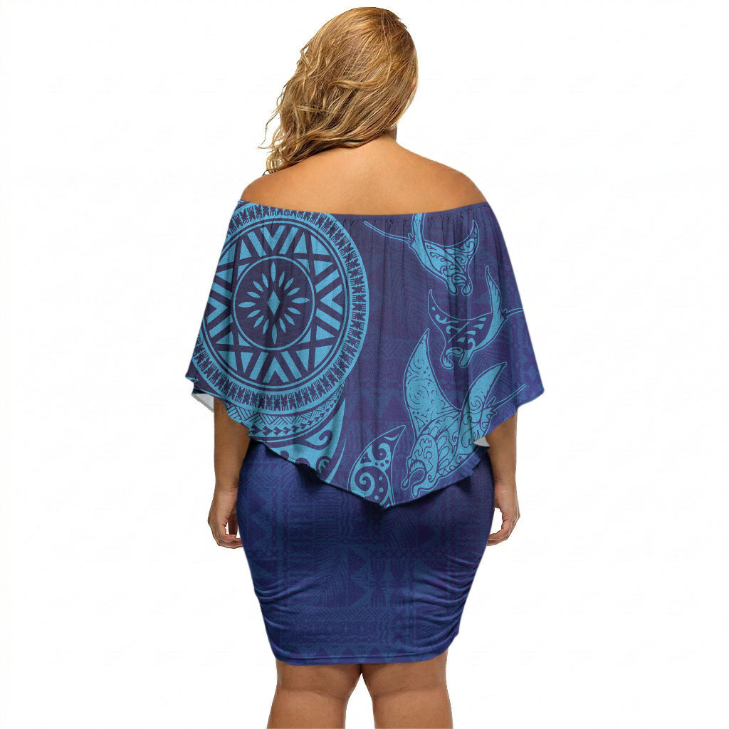 Fijian Tribal Manta Ray Off Shoulder Short Dress Masi Motif with Coral Reef Ocean Vibe LT03 - Polynesian Pride