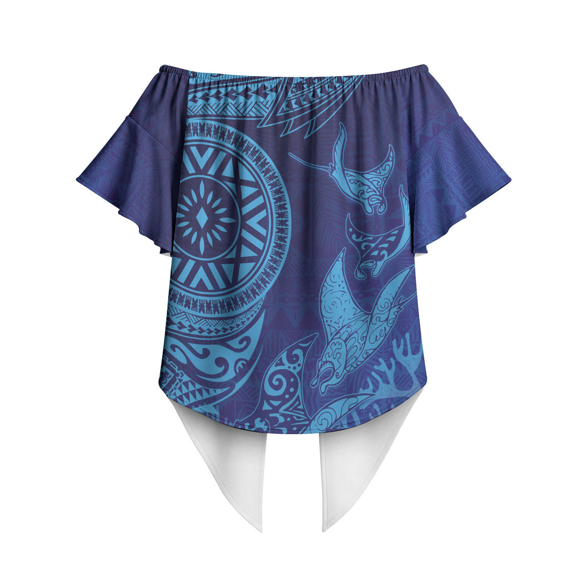 Fijian Tribal Manta Ray Off Shoulder Wrap Waist Top Masi Motif with Coral Reef Ocean Vibe LT03 - Polynesian Pride
