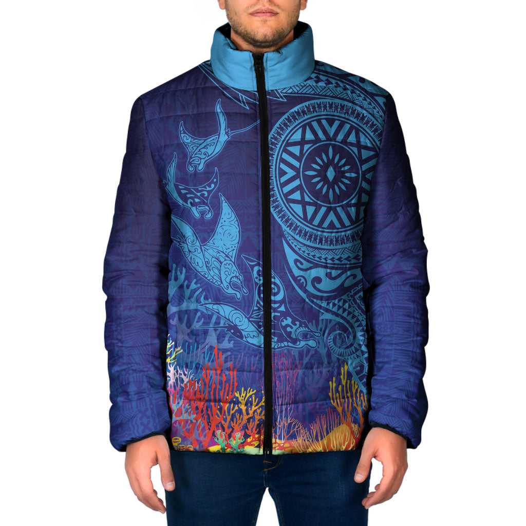 Fijian Tribal Manta Ray Padded Jacket Masi Motif with Coral Reef Ocean Vibe LT03 Men Blue - Polynesian Pride
