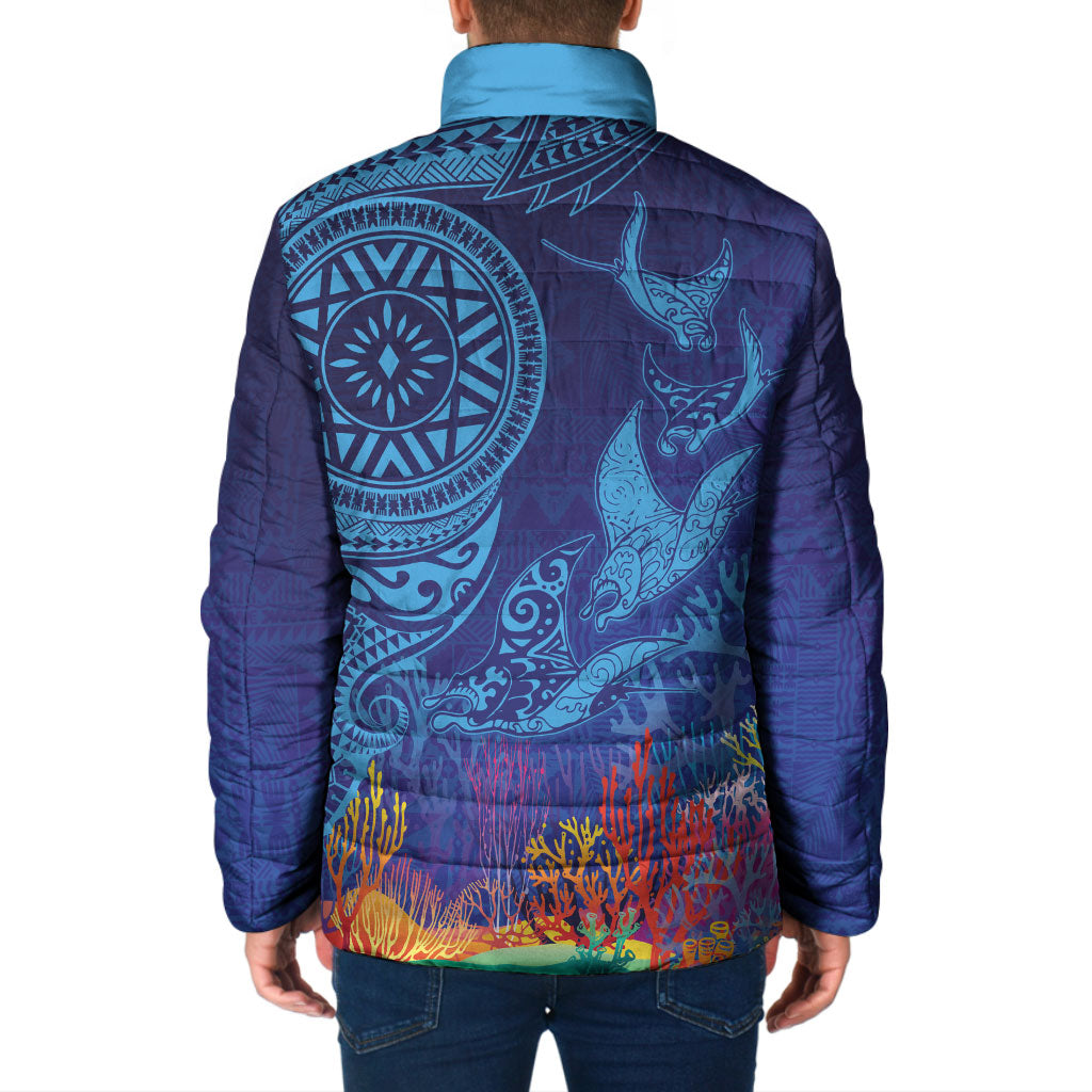 Fijian Tribal Manta Ray Padded Jacket Masi Motif with Coral Reef Ocean Vibe LT03 - Polynesian Pride