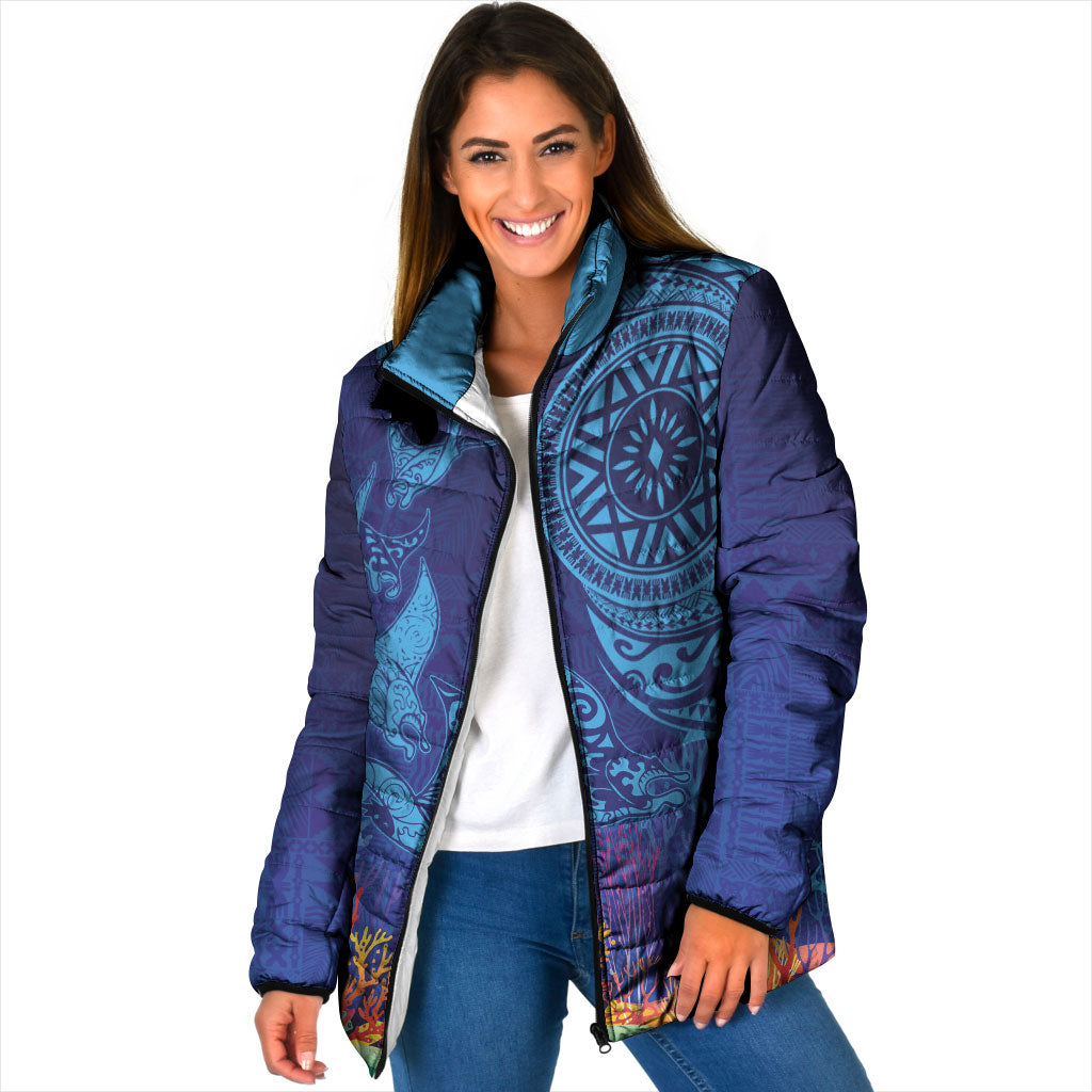 Fijian Tribal Manta Ray Padded Jacket Masi Motif with Coral Reef Ocean Vibe LT03 Women Blue - Polynesian Pride