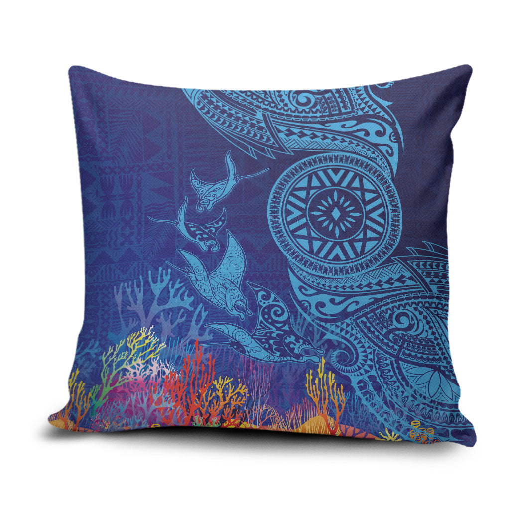 Fijian Tribal Manta Ray Pillow Cover Masi Motif with Coral Reef Ocean Vibe LT03 Blue - Polynesian Pride