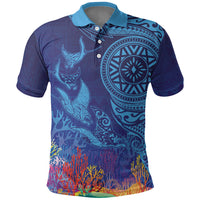 Fijian Tribal Manta Ray Polo Shirt Masi Motif with Coral Reef Ocean Vibe LT03 Blue - Polynesian Pride