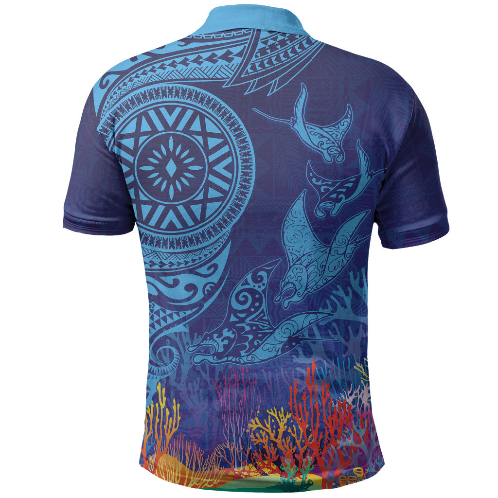 Fijian Tribal Manta Ray Polo Shirt Masi Motif with Coral Reef Ocean Vibe LT03 - Polynesian Pride