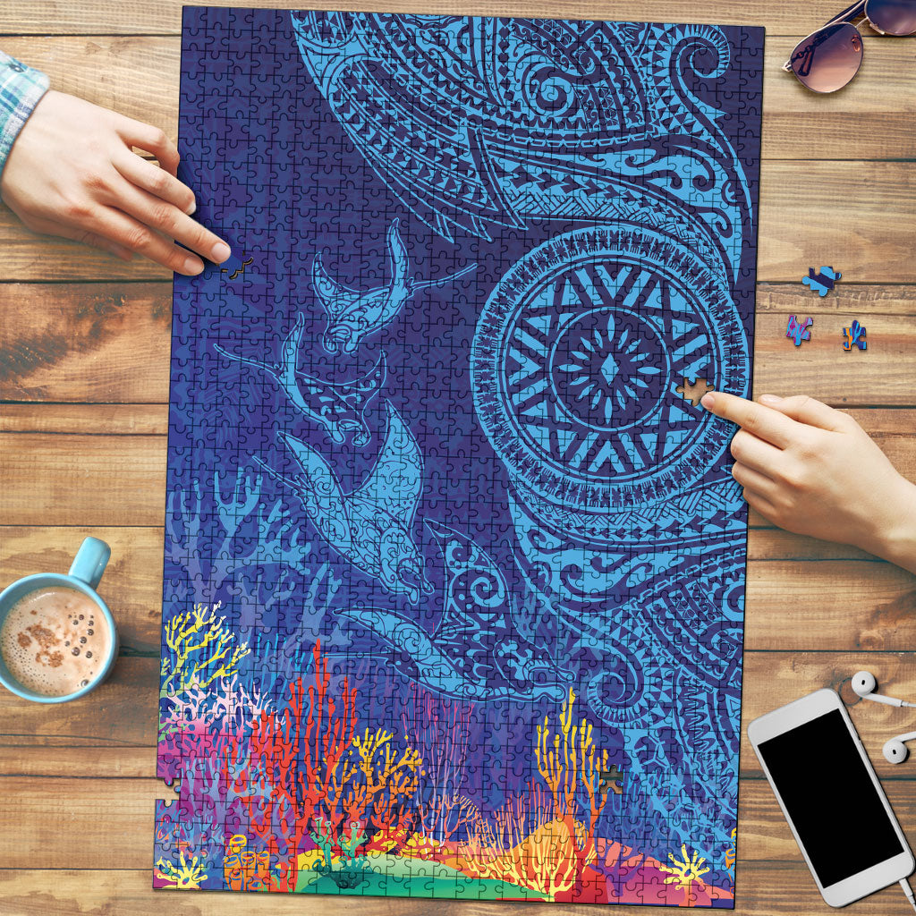 Fijian Tribal Manta Ray Puzzle Masi Motif with Coral Reef Ocean Vibe LT03 Blue - Polynesian Pride