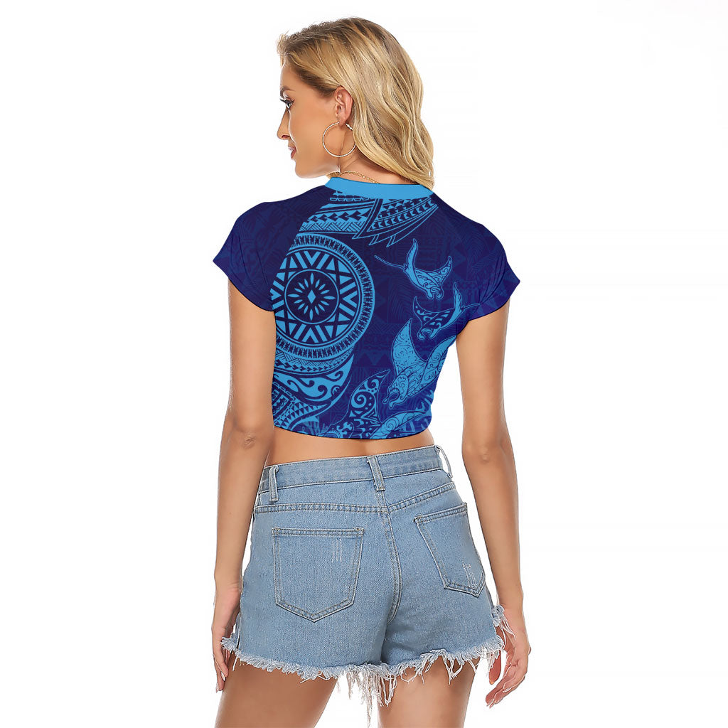 Fijian Tribal Manta Ray Raglan Cropped T Shirt Masi Motif with Coral Reef Ocean Vibe LT03 - Polynesian Pride