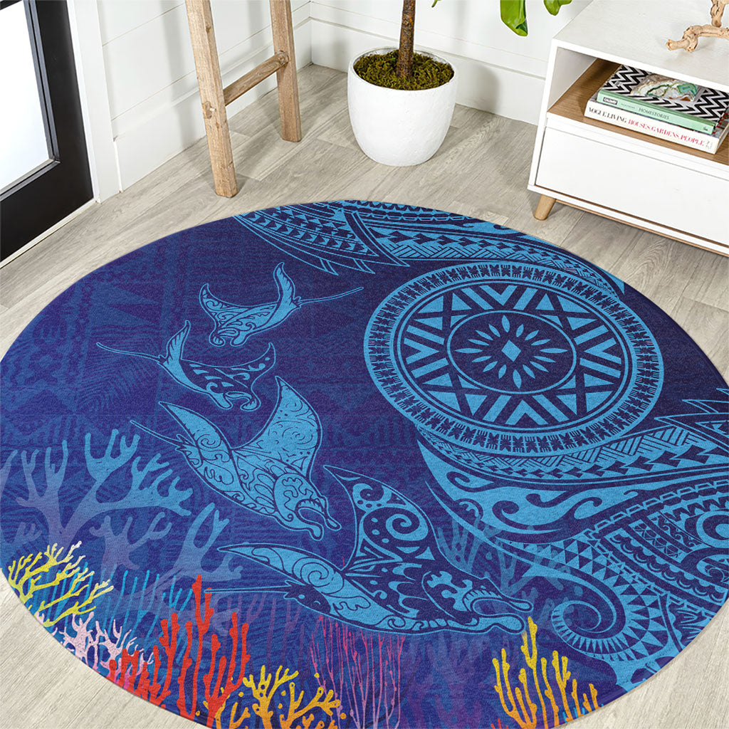 Fijian Tribal Manta Ray Round Carpet Masi Motif with Coral Reef Ocean Vibe LT03 Blue - Polynesian Pride