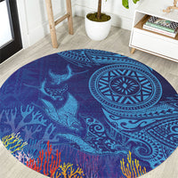 Fijian Tribal Manta Ray Round Carpet Masi Motif with Coral Reef Ocean Vibe LT03 Blue - Polynesian Pride