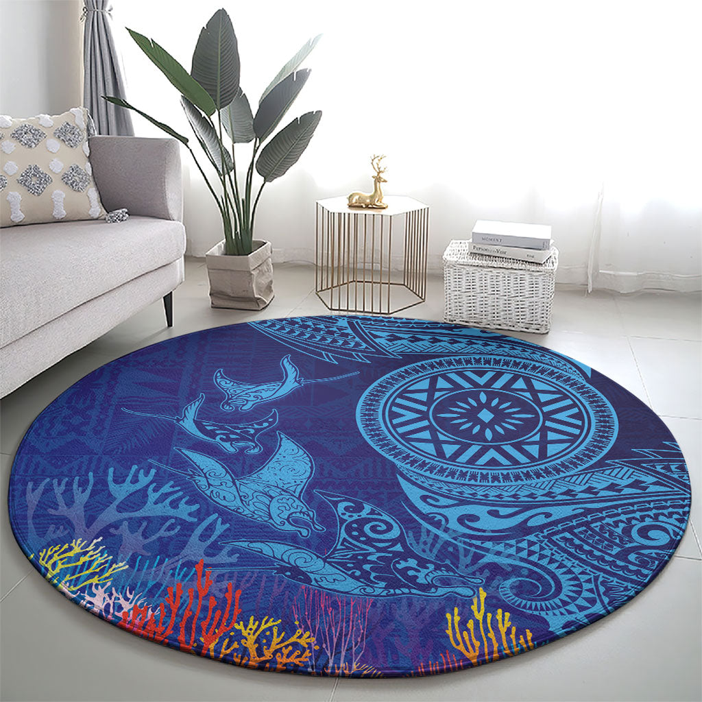 Fijian Tribal Manta Ray Round Carpet Masi Motif with Coral Reef Ocean Vibe LT03 - Polynesian Pride