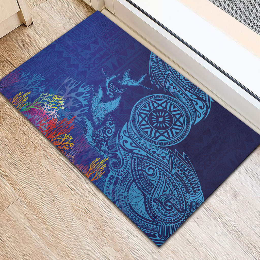Fijian Tribal Manta Ray Rubber Doormat Masi Motif with Coral Reef Ocean Vibe LT03 - Polynesian Pride