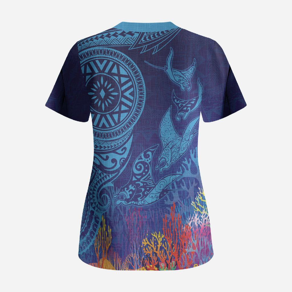 Fijian Tribal Manta Ray Scrub Top Masi Motif with Coral Reef Ocean Vibe LT03 - Polynesian Pride