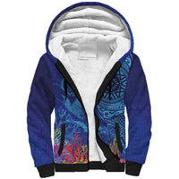 Fijian Tribal Manta Ray Sherpa Hoodie Masi Motif with Coral Reef Ocean Vibe LT03 Unisex Blue - Polynesian Pride