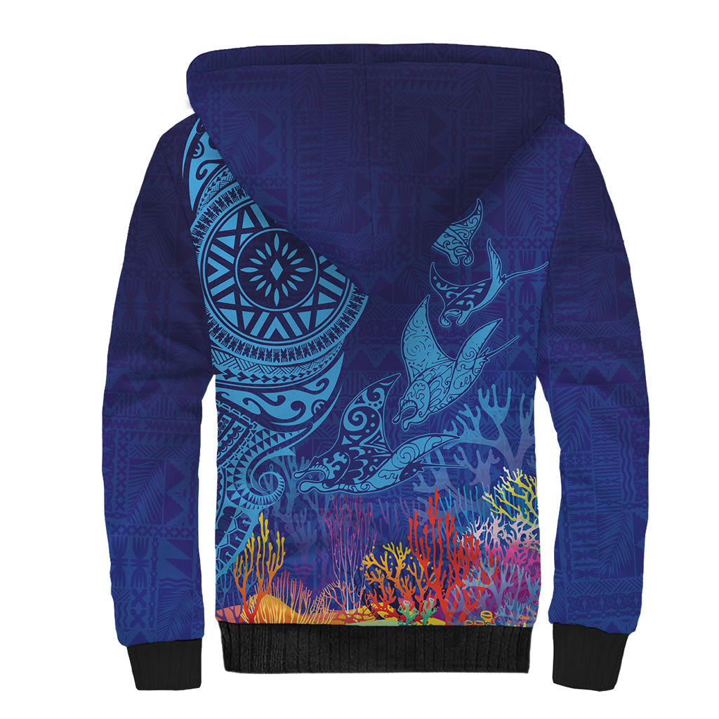 Fijian Tribal Manta Ray Sherpa Hoodie Masi Motif with Coral Reef Ocean Vibe LT03 - Polynesian Pride