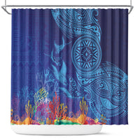 Fijian Tribal Manta Ray Shower Curtain Masi Motif with Coral Reef Ocean Vibe LT03 Blue - Polynesian Pride