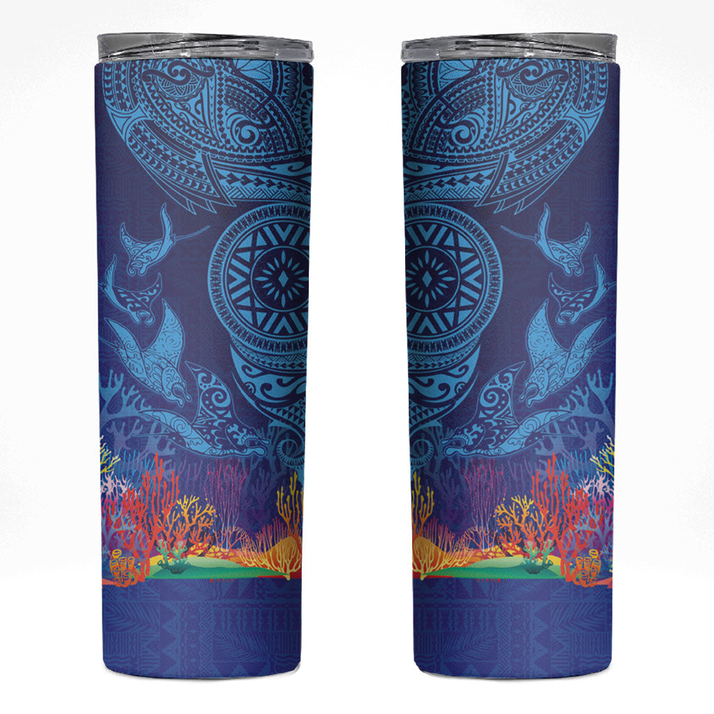 Fijian Tribal Manta Ray Skinny Tumbler Masi Motif with Coral Reef Ocean Vibe LT03 Blue - Polynesian Pride