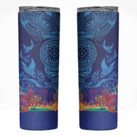 Fijian Tribal Manta Ray Skinny Tumbler Masi Motif with Coral Reef Ocean Vibe LT03 Blue - Polynesian Pride