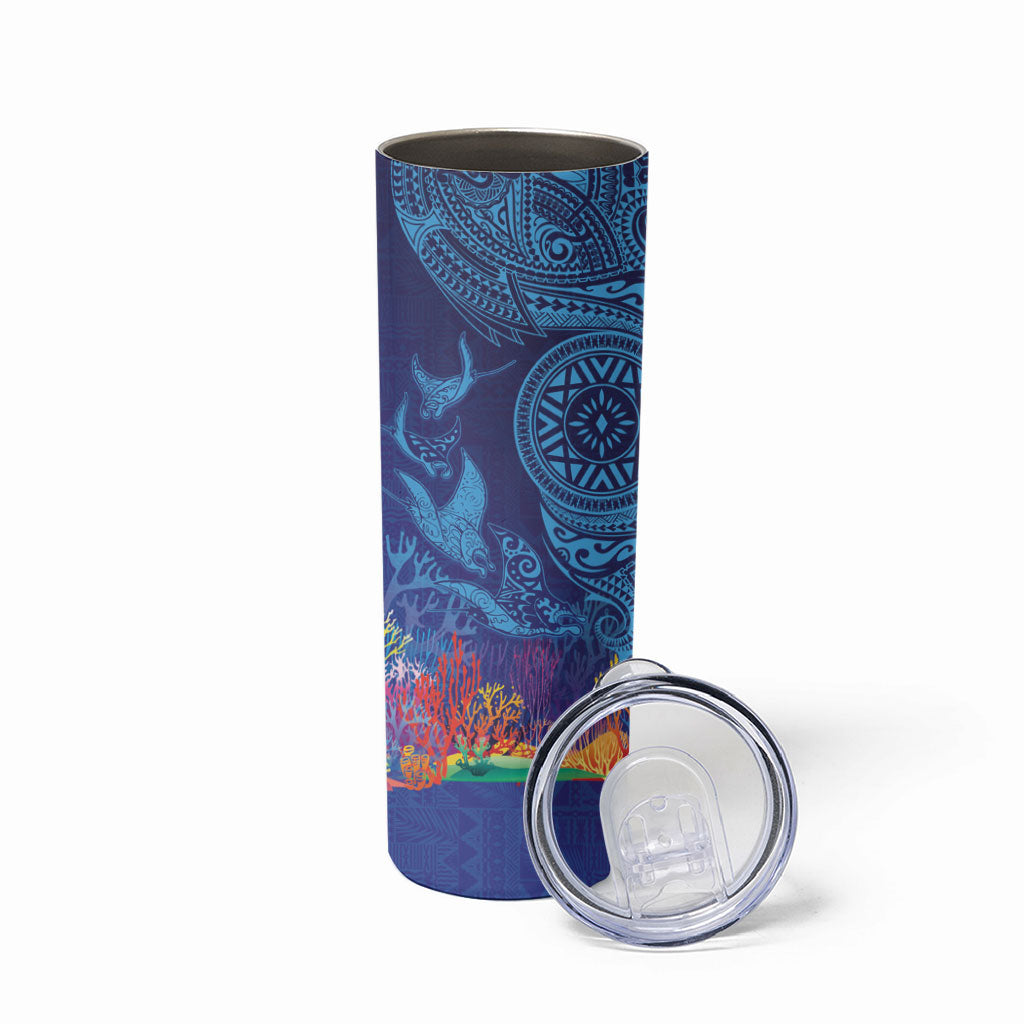 Fijian Tribal Manta Ray Skinny Tumbler Masi Motif with Coral Reef Ocean Vibe LT03 - Polynesian Pride