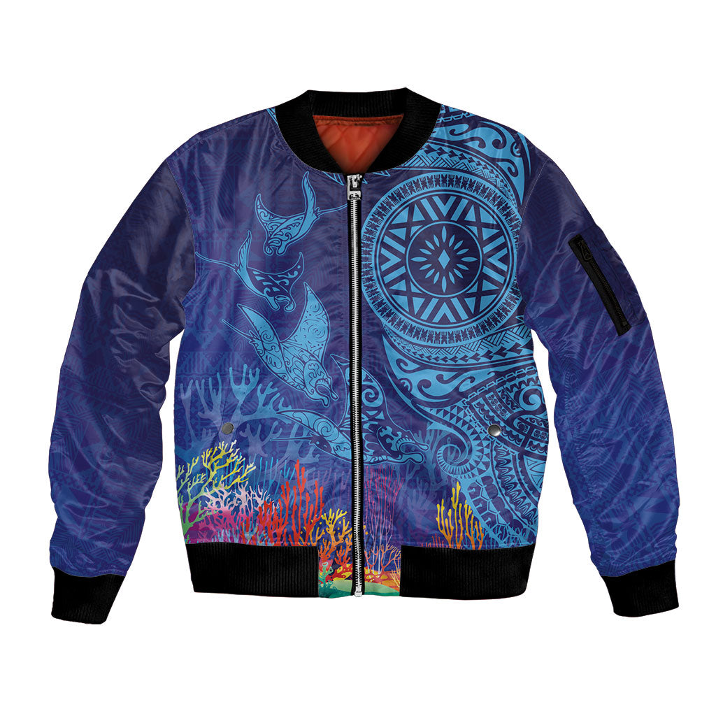 Fijian Tribal Manta Ray Sleeve Zip Bomber Jacket Masi Motif with Coral Reef Ocean Vibe LT03 Unisex Blue - Polynesian Pride