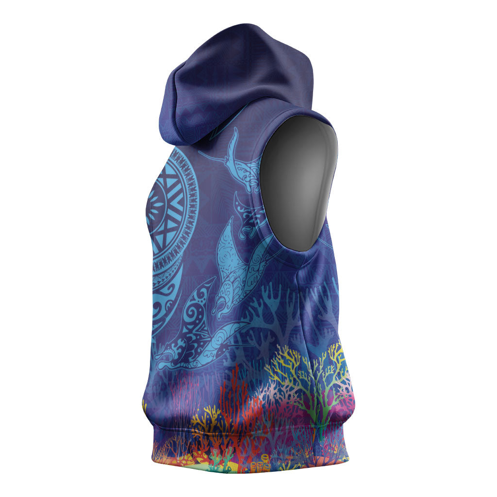 Fijian Tribal Manta Ray Sleeveless Hoodie Masi Motif with Coral Reef Ocean Vibe LT03 - Polynesian Pride