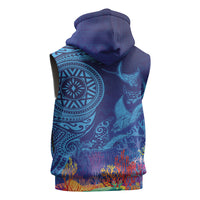 Fijian Tribal Manta Ray Sleeveless Zip Hoodie Masi Motif with Coral Reef Ocean Vibe LT03 - Polynesian Pride