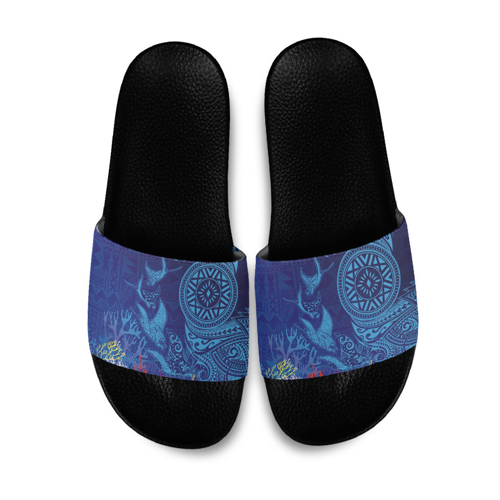Fijian Tribal Manta Ray Slide Sandals Masi Motif with Coral Reef Ocean Vibe LT03 Blue - Polynesian Pride