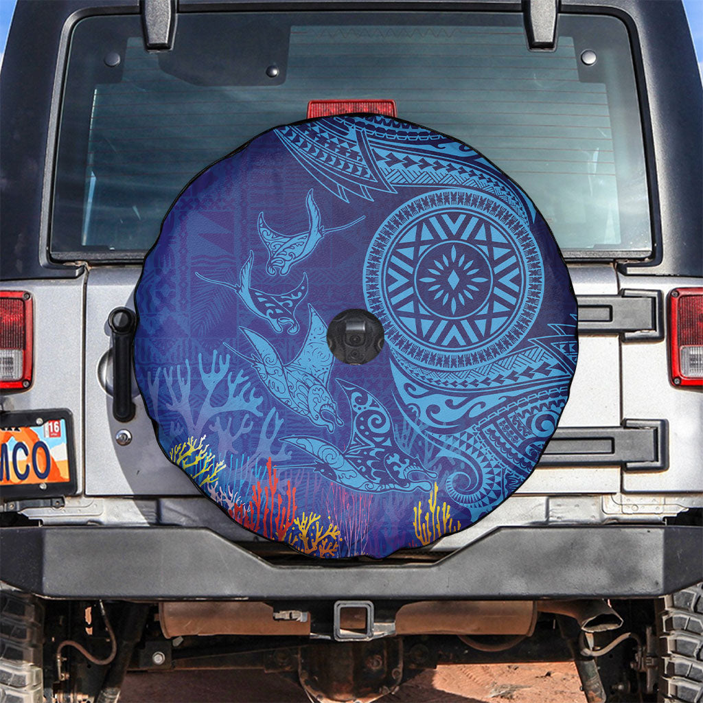 Fijian Tribal Manta Ray Spare Tire Cover Masi Motif with Coral Reef Ocean Vibe LT03 Blue - Polynesian Pride