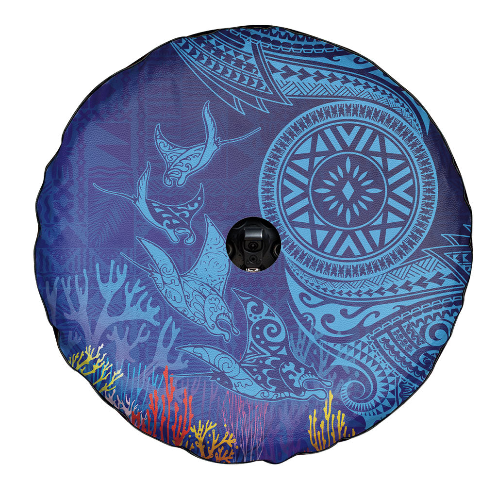 Fijian Tribal Manta Ray Spare Tire Cover Masi Motif with Coral Reef Ocean Vibe LT03 - Polynesian Pride