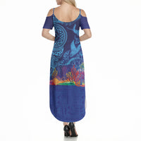 Fijian Tribal Manta Ray Summer Maxi Dress Masi Motif with Coral Reef Ocean Vibe LT03 - Polynesian Pride