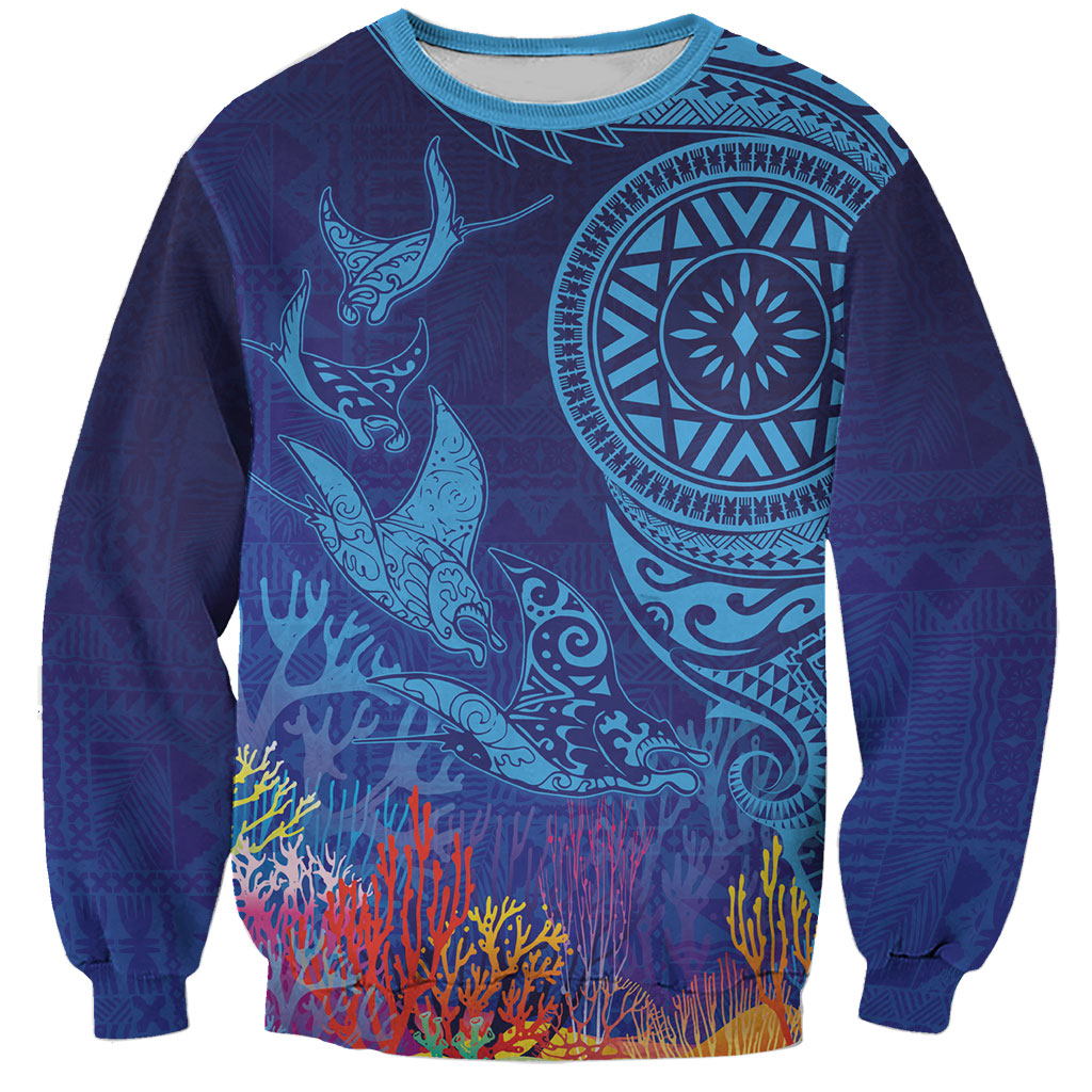 Fijian Tribal Manta Ray Sweatshirt Masi Motif with Coral Reef Ocean Vibe LT03 Unisex Blue - Polynesian Pride