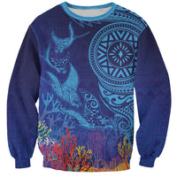 Fijian Tribal Manta Ray Sweatshirt Masi Motif with Coral Reef Ocean Vibe LT03 Unisex Blue - Polynesian Pride