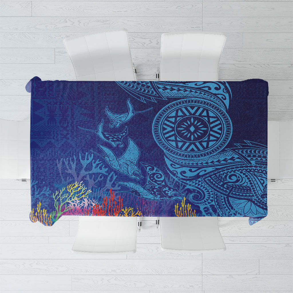 Fijian Tribal Manta Ray Tablecloth Masi Motif with Coral Reef Ocean Vibe LT03 Blue - Polynesian Pride
