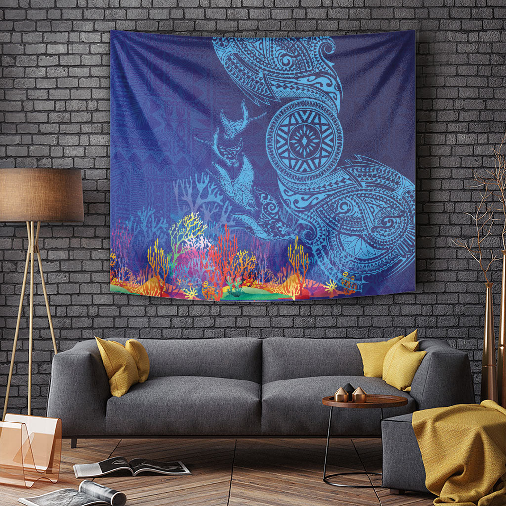 Fijian Tribal Manta Ray Tapestry Masi Motif with Coral Reef Ocean Vibe LT03 Blue - Polynesian Pride