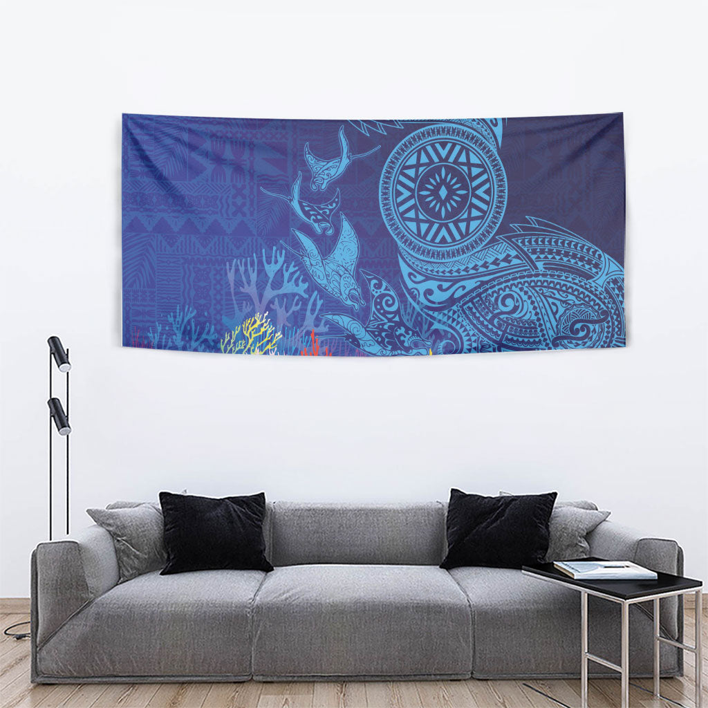 Fijian Tribal Manta Ray Tapestry Masi Motif with Coral Reef Ocean Vibe LT03 - Polynesian Pride