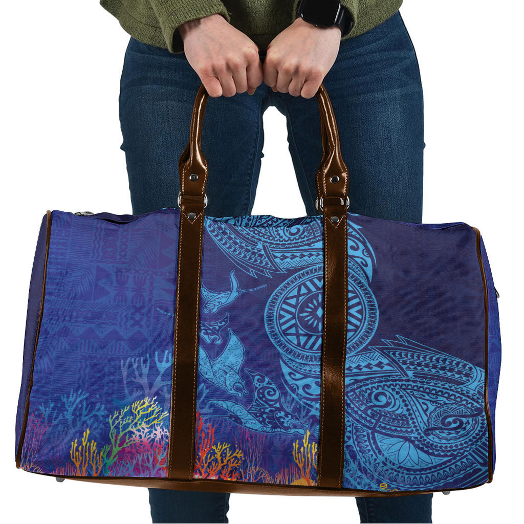 Fijian Tribal Manta Ray Travel Bag Masi Motif with Coral Reef Ocean Vibe LT03 Blue - Polynesian Pride