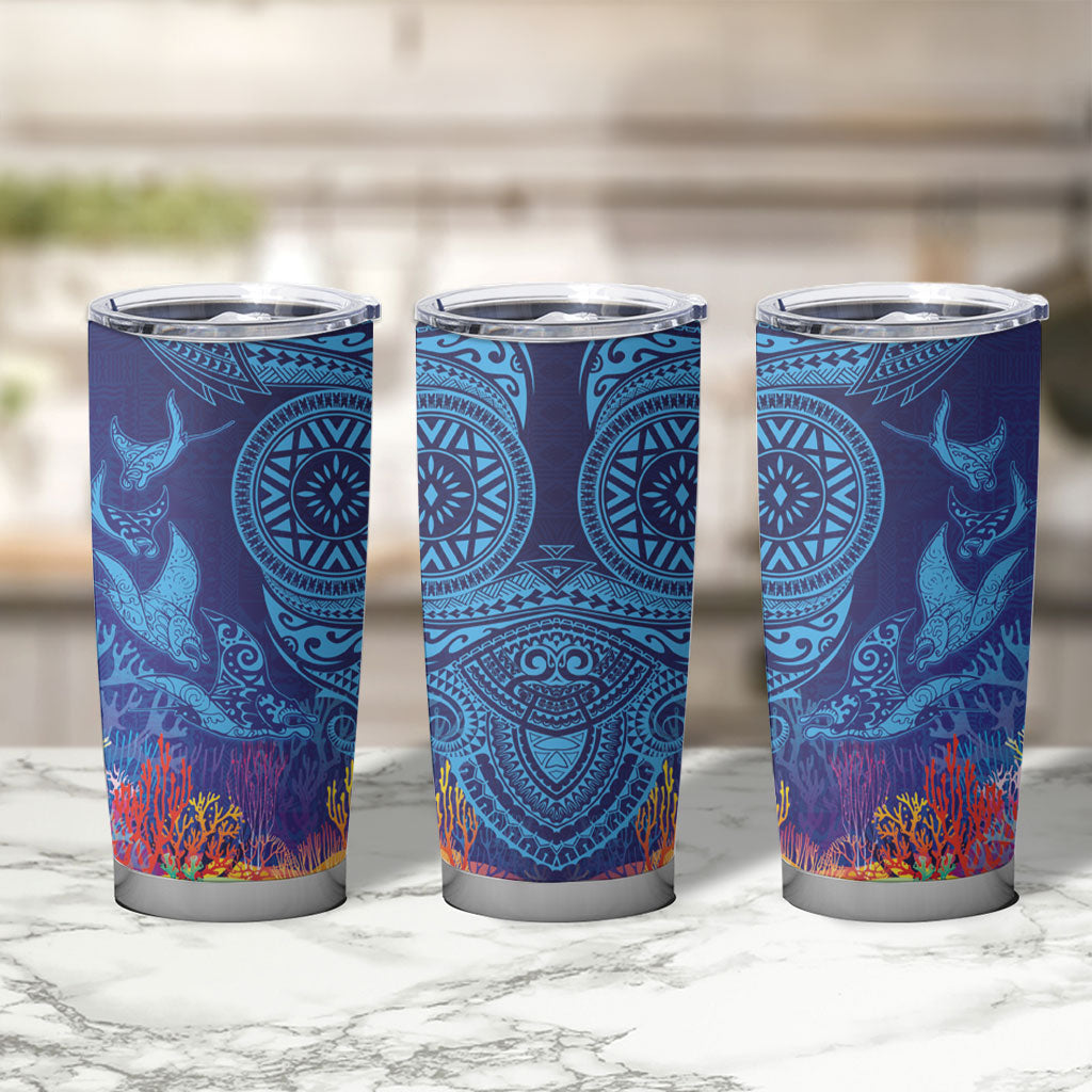 Fijian Tribal Manta Ray Tumbler Cup Masi Motif with Coral Reef Ocean Vibe LT03 - Polynesian Pride