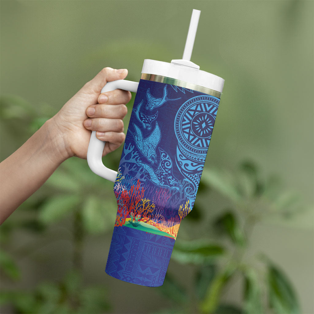 Fijian Tribal Manta Ray Tumbler With Handle Masi Motif with Coral Reef Ocean Vibe LT03 - Polynesian Pride