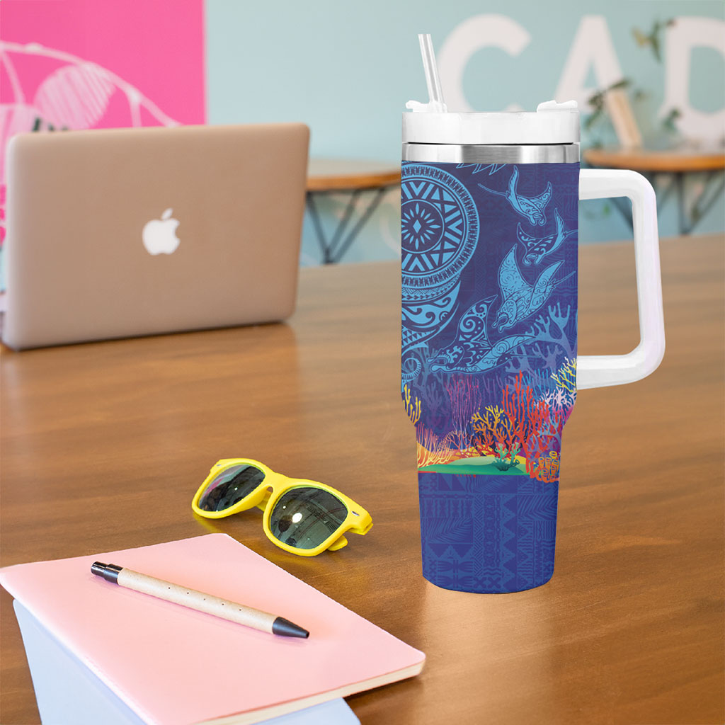 Fijian Tribal Manta Ray Tumbler With Handle Masi Motif with Coral Reef Ocean Vibe LT03 - Polynesian Pride