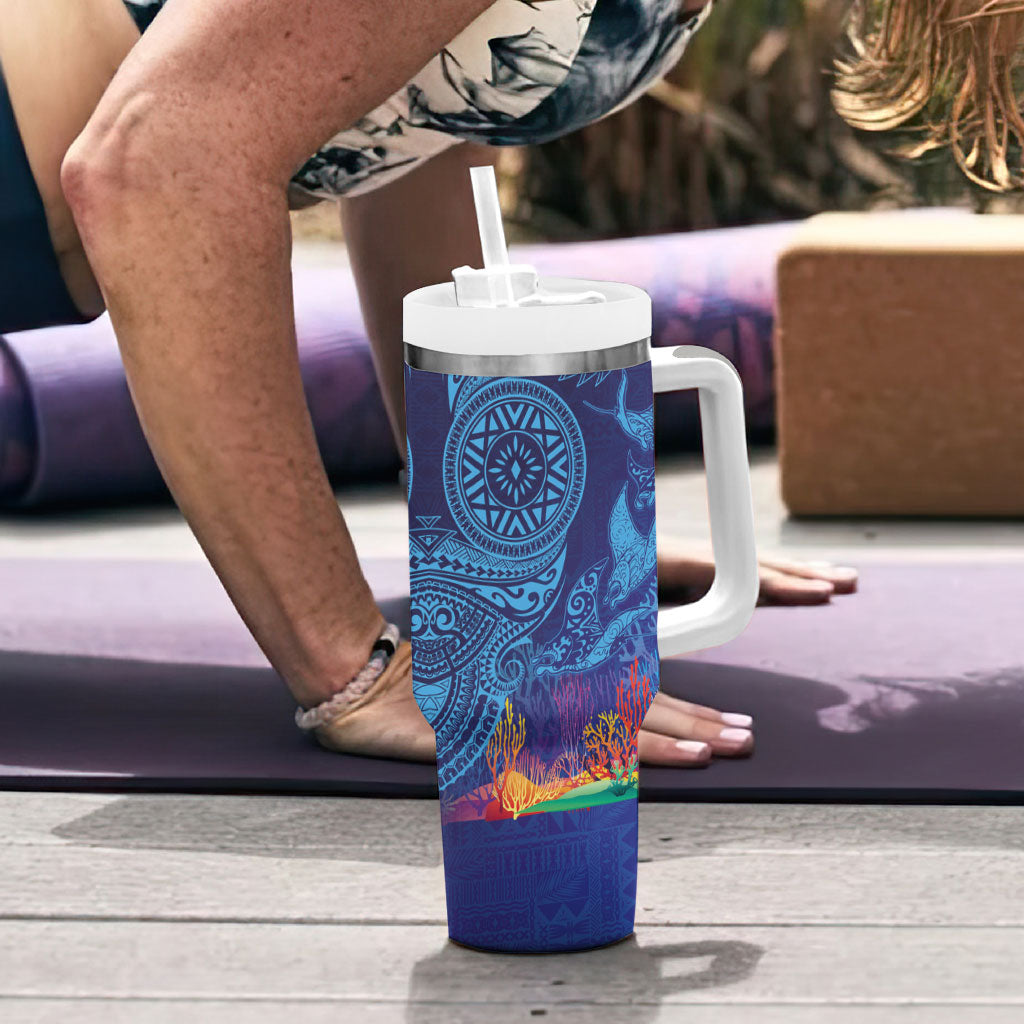 Fijian Tribal Manta Ray Tumbler With Handle Masi Motif with Coral Reef Ocean Vibe LT03 - Polynesian Pride