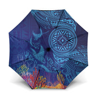 Fijian Tribal Manta Ray Umbrella Masi Motif with Coral Reef Ocean Vibe LT03 One Size Folded 11.42 inch Opened Diameter 37.4 inch Blue - Polynesian Pride