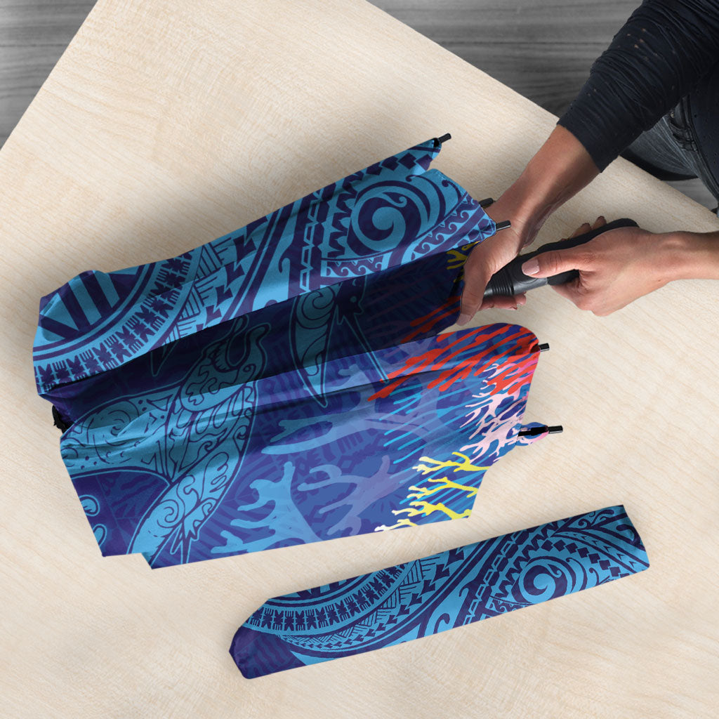 Fijian Tribal Manta Ray Umbrella Masi Motif with Coral Reef Ocean Vibe LT03 - Polynesian Pride
