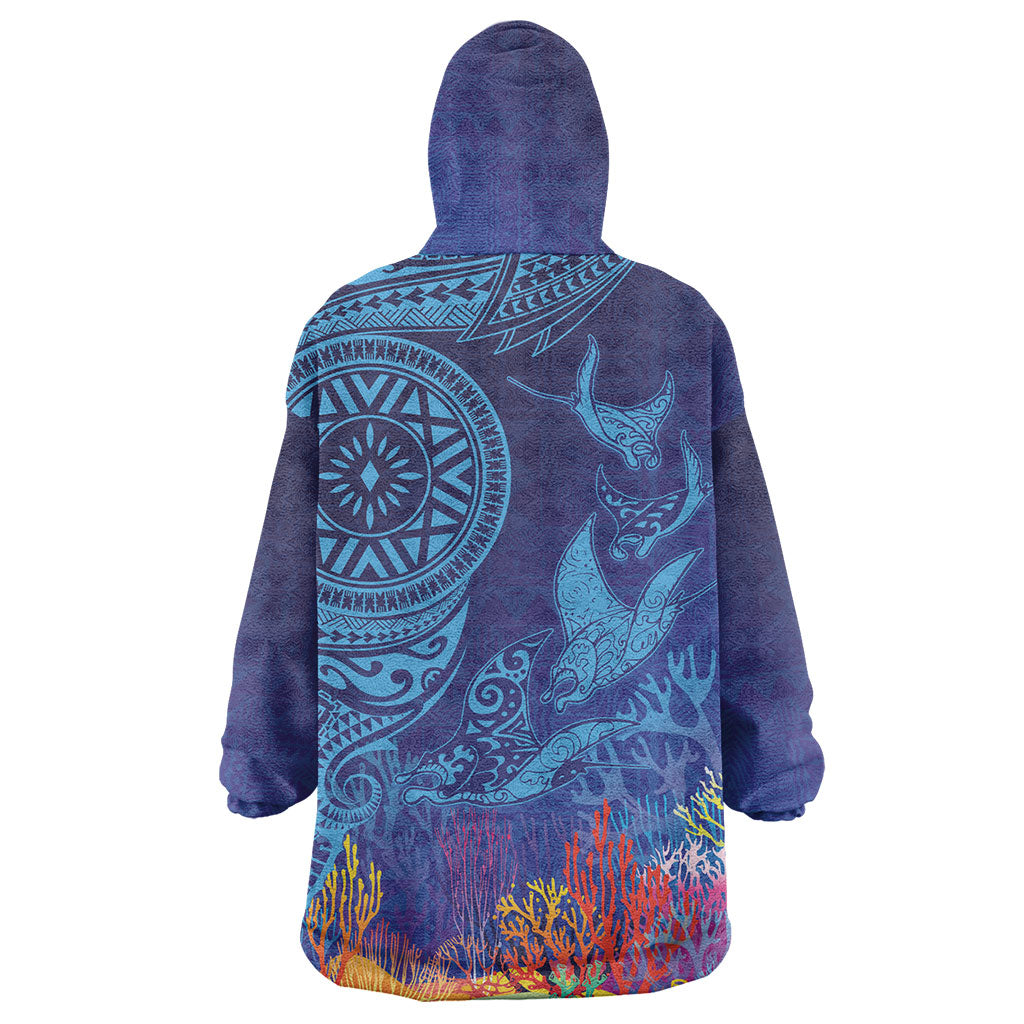 Fijian Tribal Manta Ray Wearable Blanket Hoodie Masi Motif with Coral Reef Ocean Vibe LT03 - Polynesian Pride
