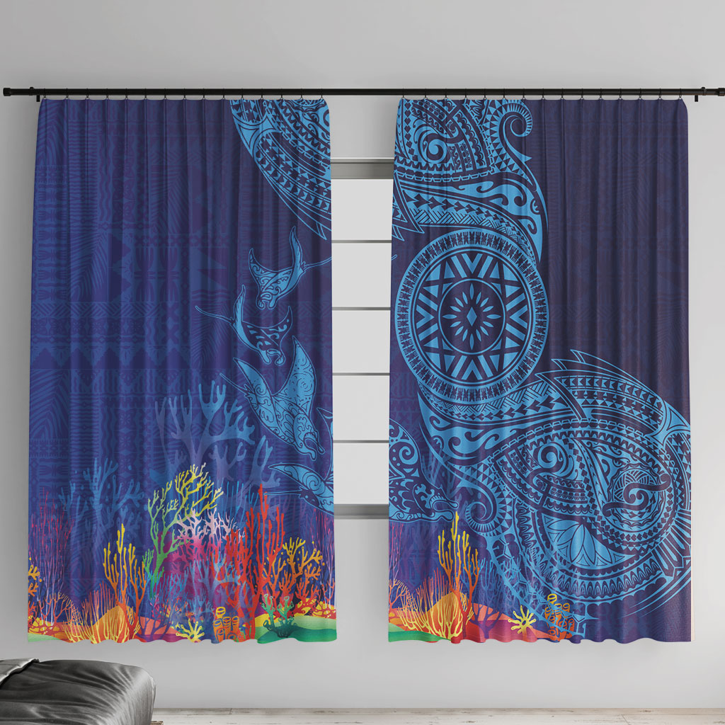 Fijian Tribal Manta Ray Window Curtain Masi Motif with Coral Reef Ocean Vibe LT03 With Hooks Blue - Polynesian Pride