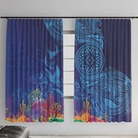Fijian Tribal Manta Ray Window Curtain Masi Motif with Coral Reef Ocean Vibe LT03 With Hooks Blue - Polynesian Pride