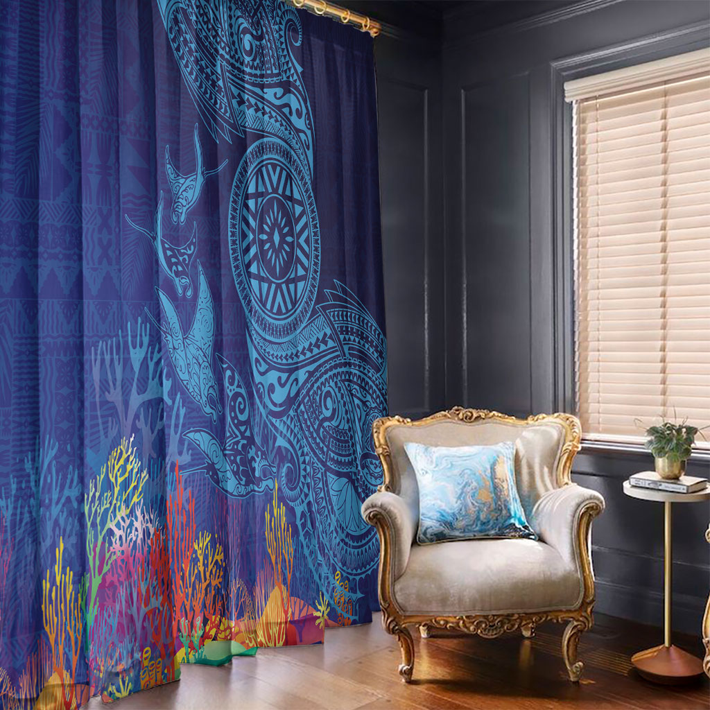 Fijian Tribal Manta Ray Window Curtain Masi Motif with Coral Reef Ocean Vibe LT03 - Polynesian Pride