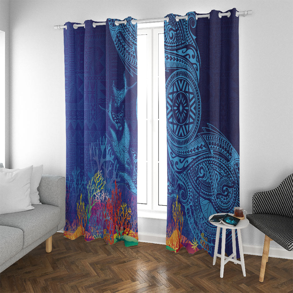 Fijian Tribal Manta Ray Window Curtain Masi Motif with Coral Reef Ocean Vibe LT03 With Grommets Blue - Polynesian Pride