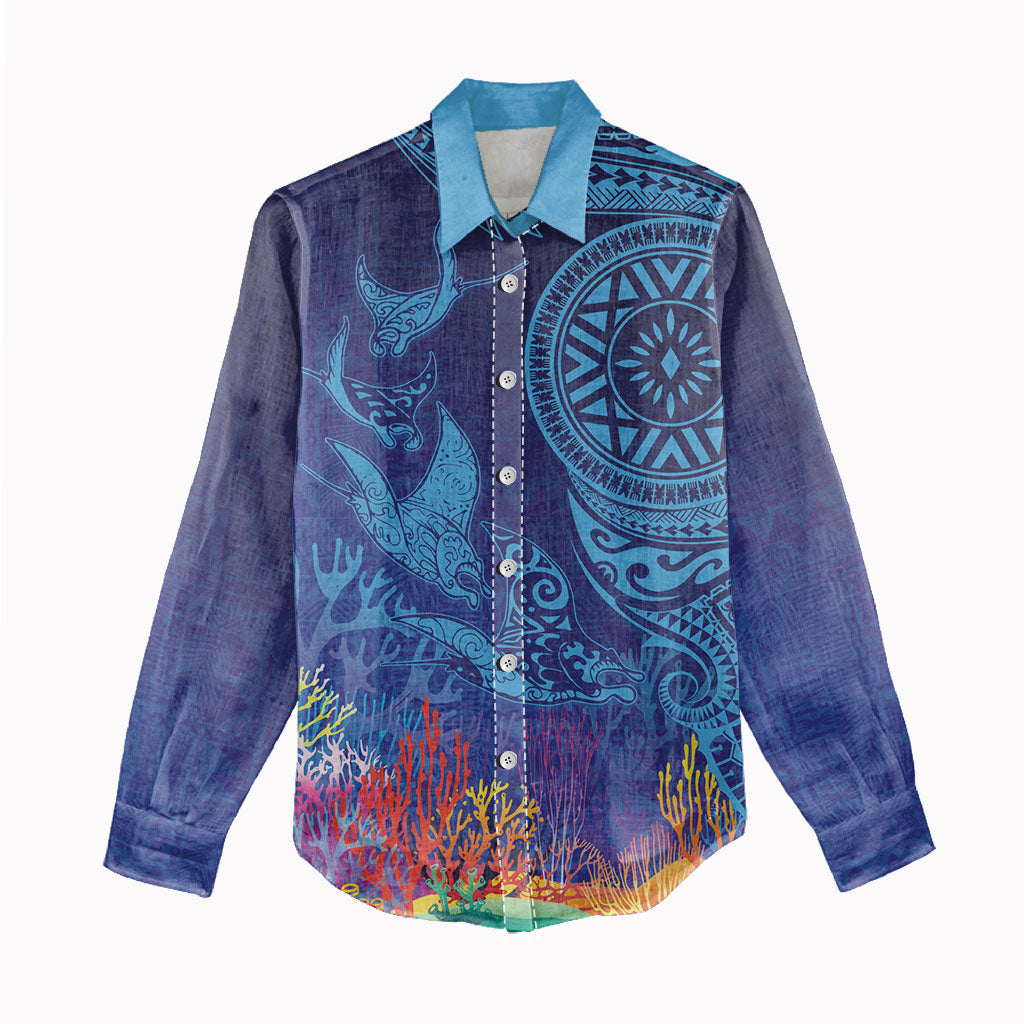 Fijian Tribal Manta Ray Women Casual Shirt Masi Motif with Coral Reef Ocean Vibe LT03 - Polynesian Pride