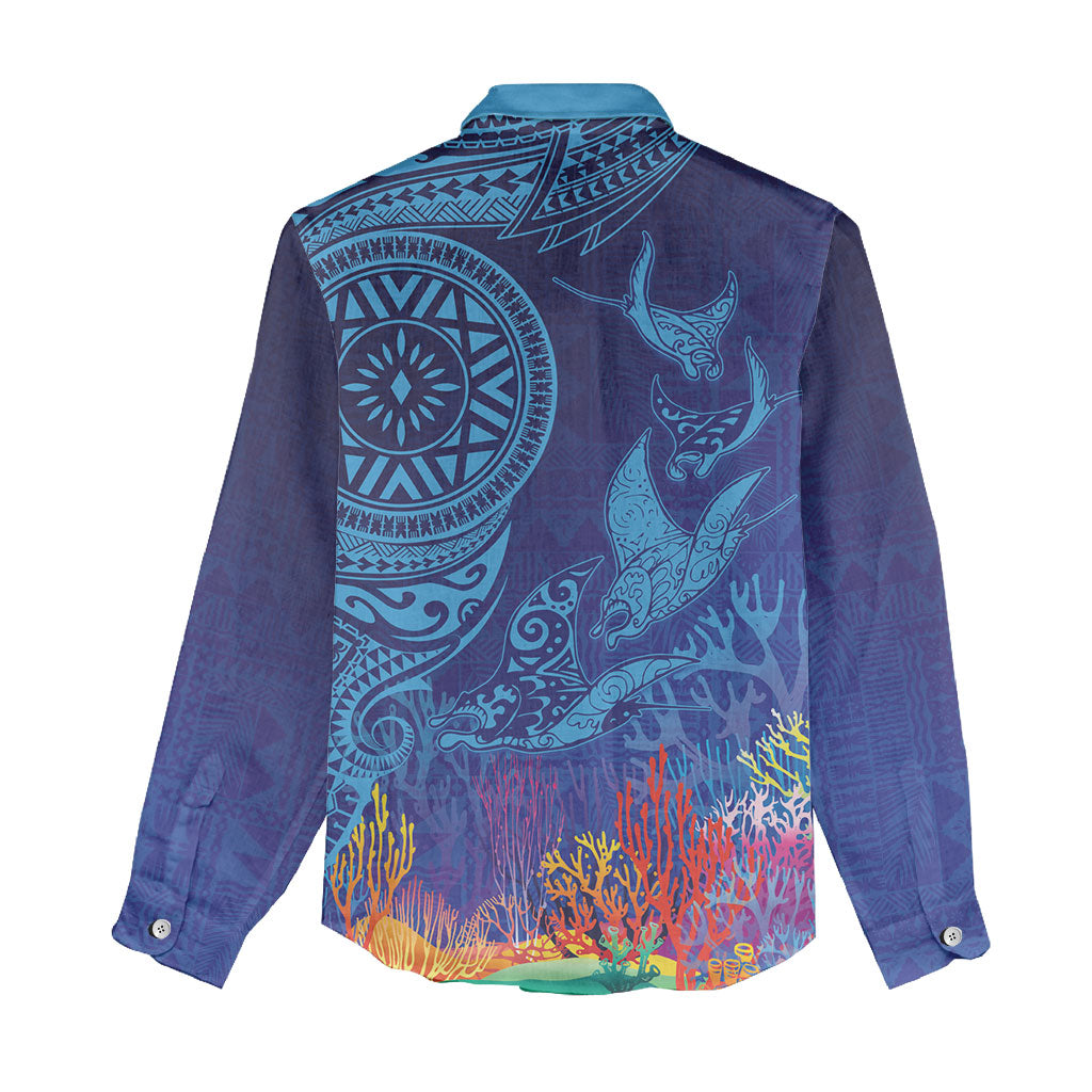 Fijian Tribal Manta Ray Women Casual Shirt Masi Motif with Coral Reef Ocean Vibe LT03 - Polynesian Pride